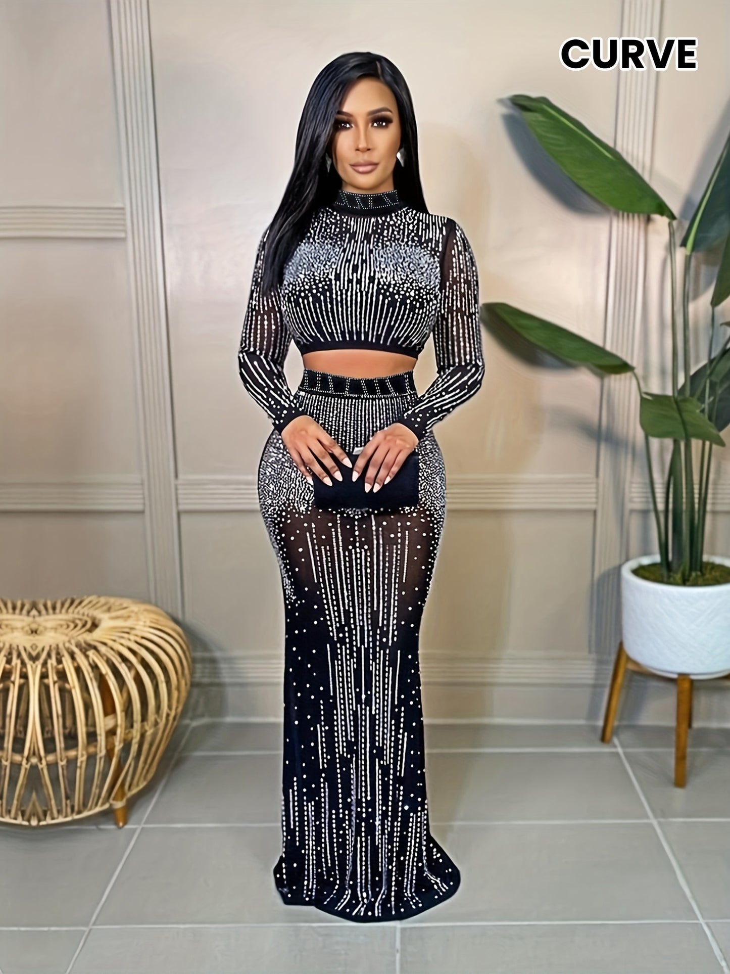 Party Dress Elegant Sexy Rhinestone Skirt Suit Women