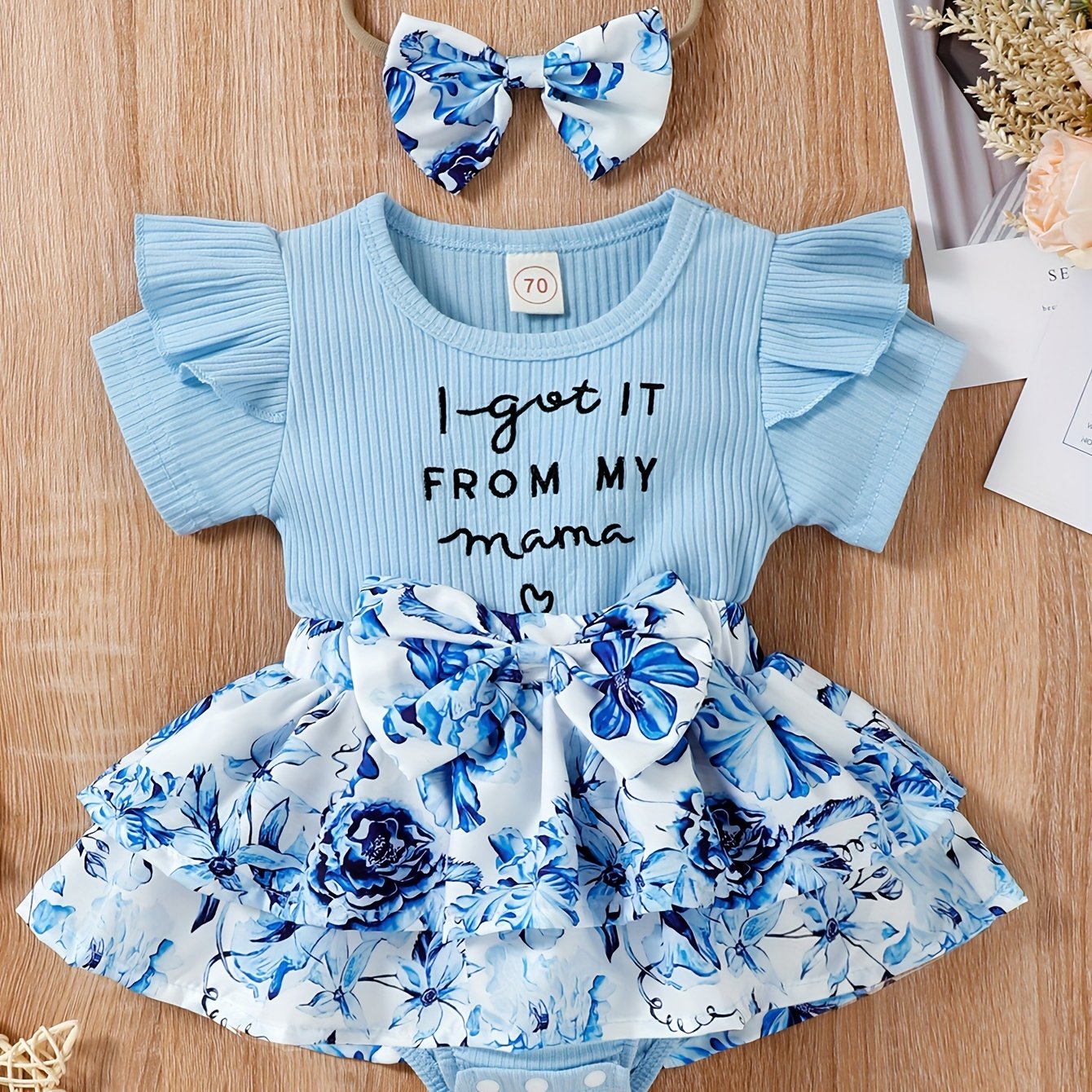 Baby Girls Spring Summer New Floral Skirt Swing Short Sleeve Romper Puffer Coat + Bow Headband Set, Suitable For Outdoor Wear