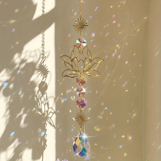 1pc Exquisite Lotus Flower Crystal Glass Suncatcher with Prism Beads, Celestial Accents, and Dazzling Refractions for Beautiful Window Decor and Sunlight Reflection