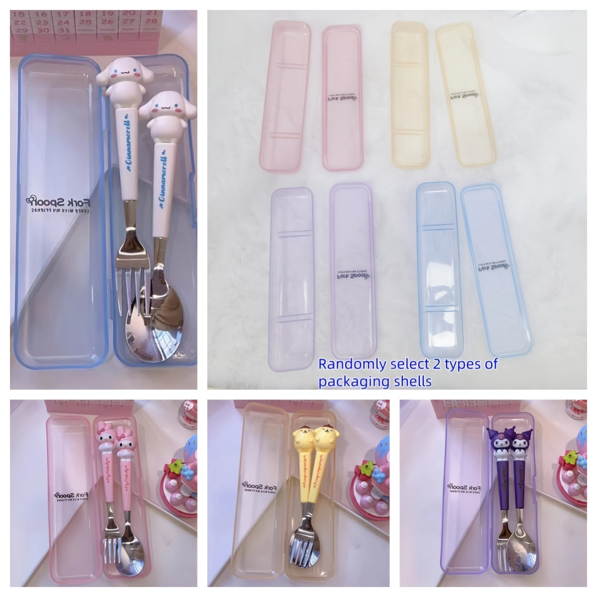 Sanrio Cute Cartoon 2pcs Tableware Suit-Stainless Steel Portable Travel Fork and Spoon with Cute Character Handle, Outdoor Eating Essentials, Onthego Dining, Fun Utensils, Stylish Cutlery, Polished Finish, Highquality Steel,