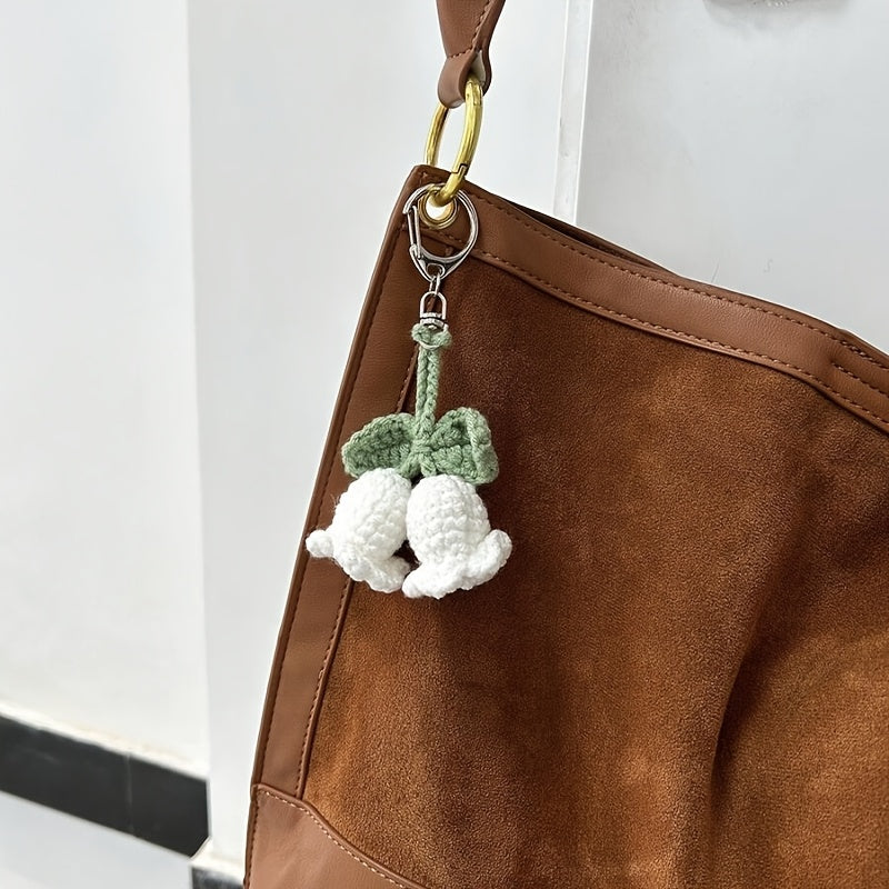 1pc Charming Crochet Lily Flower Wind Chime Keychain, Cute Yarn Bag Accessory for Women