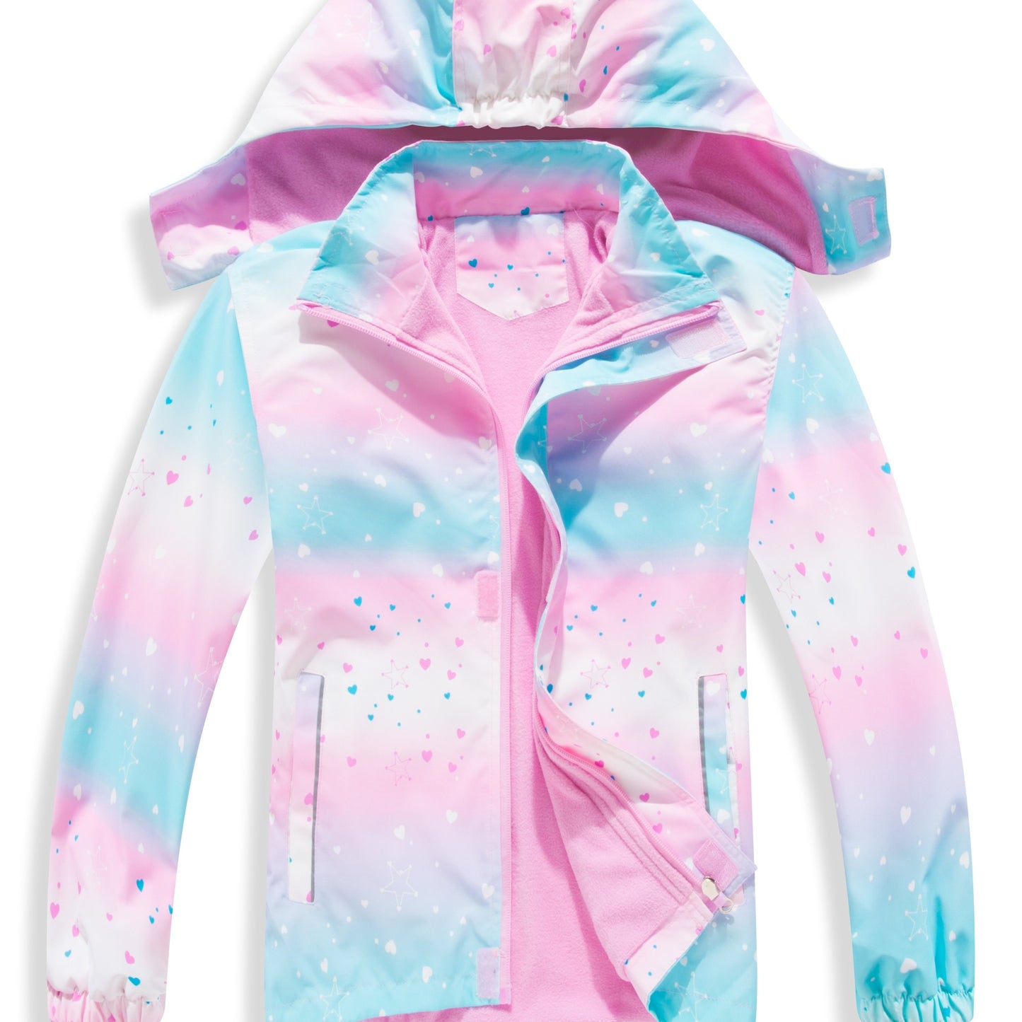 Girls' Gradient Color Hooded Jacket - Lightweight Windproof Winter Coat with Removable Hood, Zipper Closure & Animal Print Design for Casual Outings & Outdoor Play, Hooded Coat, Playful Design