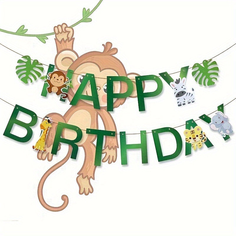 Paper Jungle Animal Happy Birthday Banner, Monkey Giraffe, Woodland, for Birthday Decoration, with Use Without Electricity, for Room, Garden, Entryway