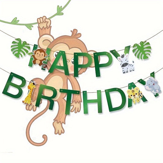 Paper Jungle Animal Happy Birthday Banner, Monkey Giraffe, Woodland, for Birthday Decoration, with Use Without Electricity, for Room, Garden, Entryway