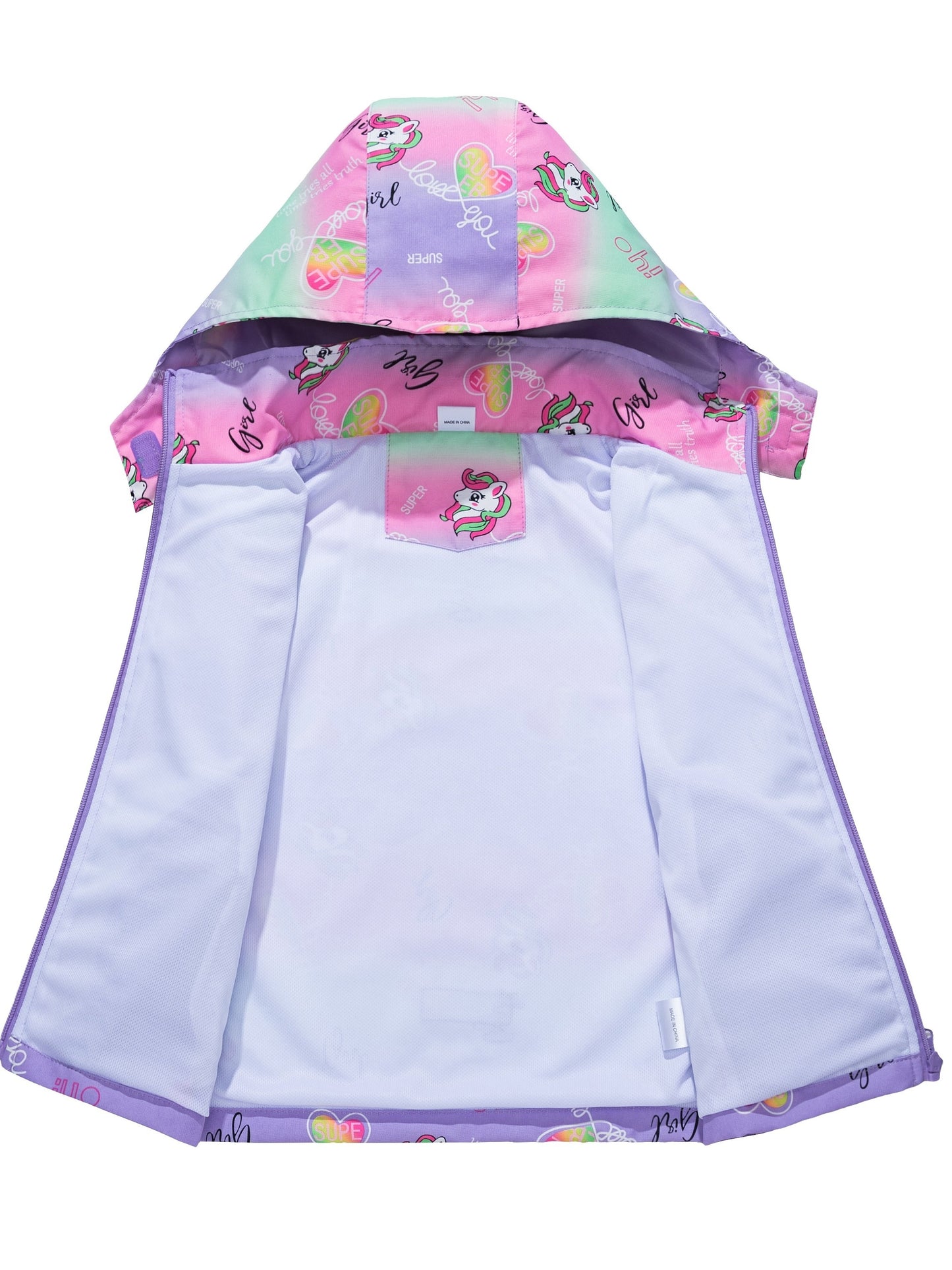Girls' Unicorn Jacket - Lightweight Windproof Hooded Outerwear with Removable Hood, Pastel Rainbow & Clouds Design, Zip-Up Front, Long Sleeves, and Pockets for Spring/Fall Casual Wear, Unicorn Clothes, Playful Kids Fashion, D