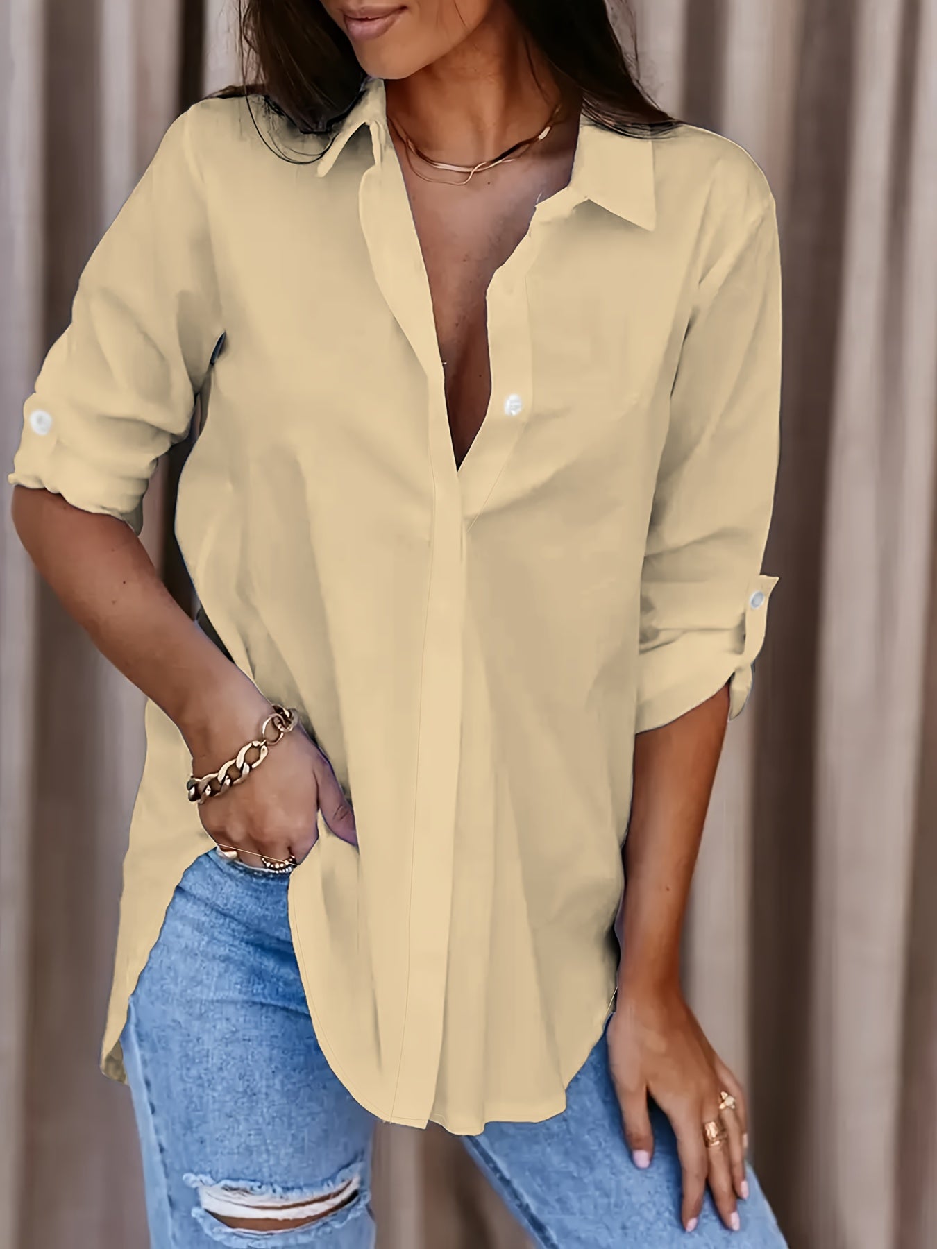 Solid Button Front Shirt, Casual Turn Down Collar Office Work Shirt, Women's Clothing