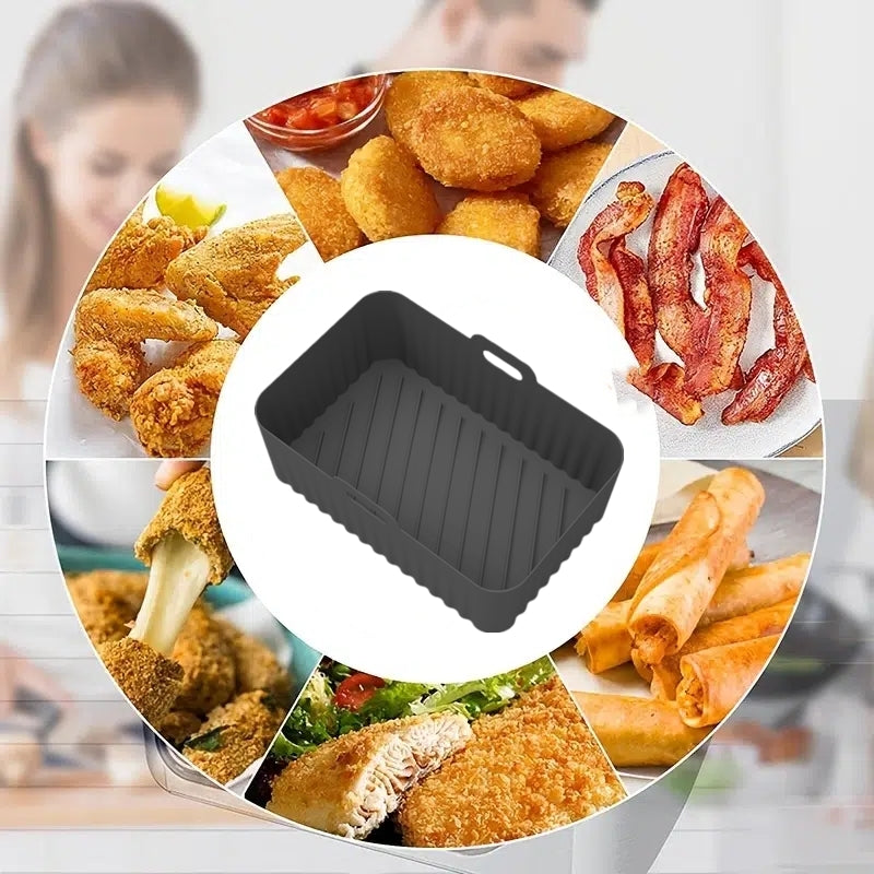 1/2pcs Square Air Fryer Silicone Pots - Reusable Non-Stick Baking Trays with Handles, High-Temp Resistant Oven & Air Fryer Liners, 19.48x12.7x6.99 cm, Easy Clean (Black/Red/Blue/Grey), Air Fryer Silicone Liners