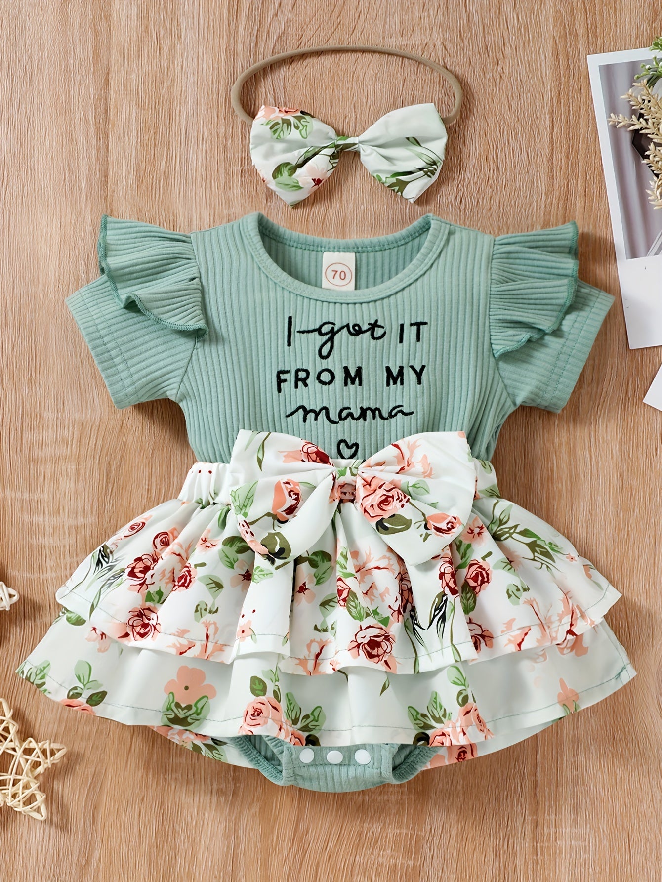 Baby Girls Spring Summer New Floral Skirt Swing Short Sleeve Romper Puffer Coat + Bow Headband Set, Suitable For Outdoor Wear