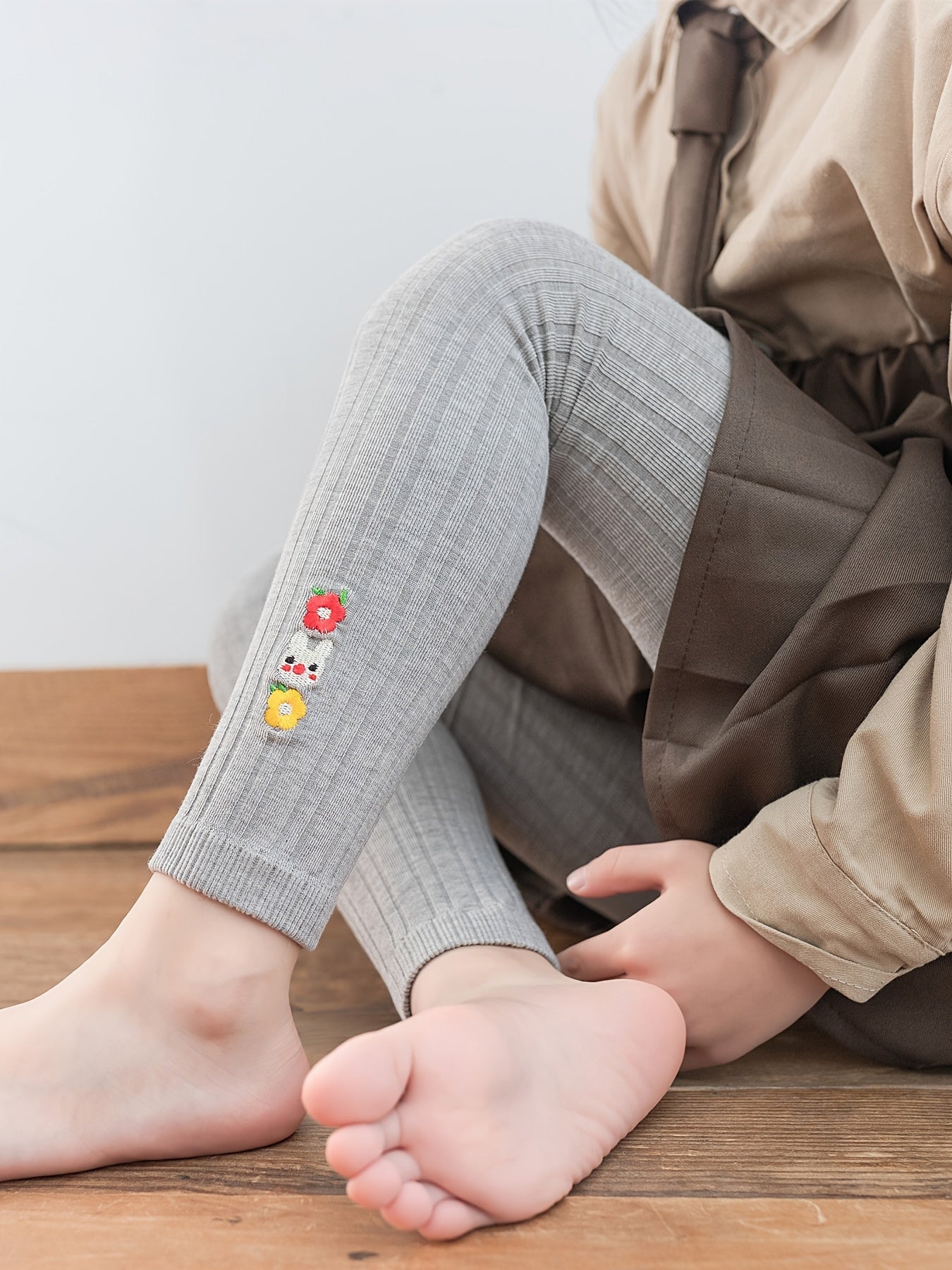 Kids' Base Pants, Girls' Spring/Autumn Vertical Stripe Slim Fit Knit Socks Embroidered Casual 9/10 Pants