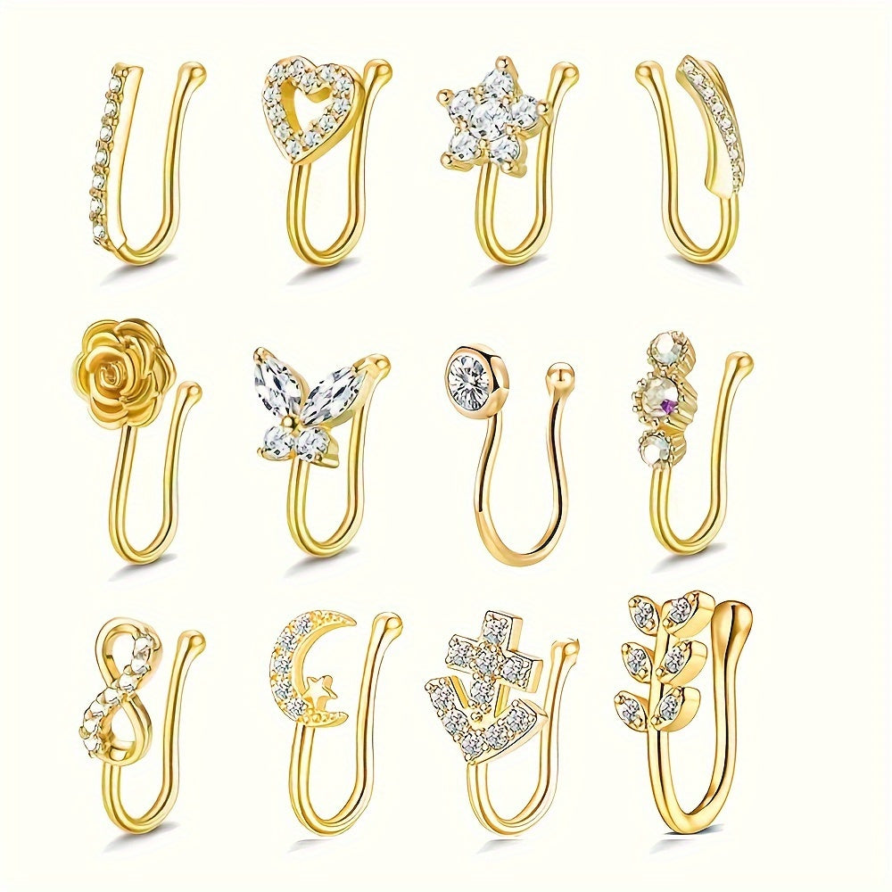 12pcs Elegant Vintage Copper Faux Nose Cuff Set, Non-Piercing Synthetic Zirconia Inlay, Star, Flower, Leaf, Heart Shapes, Clip-On Nose Rings for Women, Daily & Vacation Wear, Valentine'S Day Gift, All Seasons Compatible