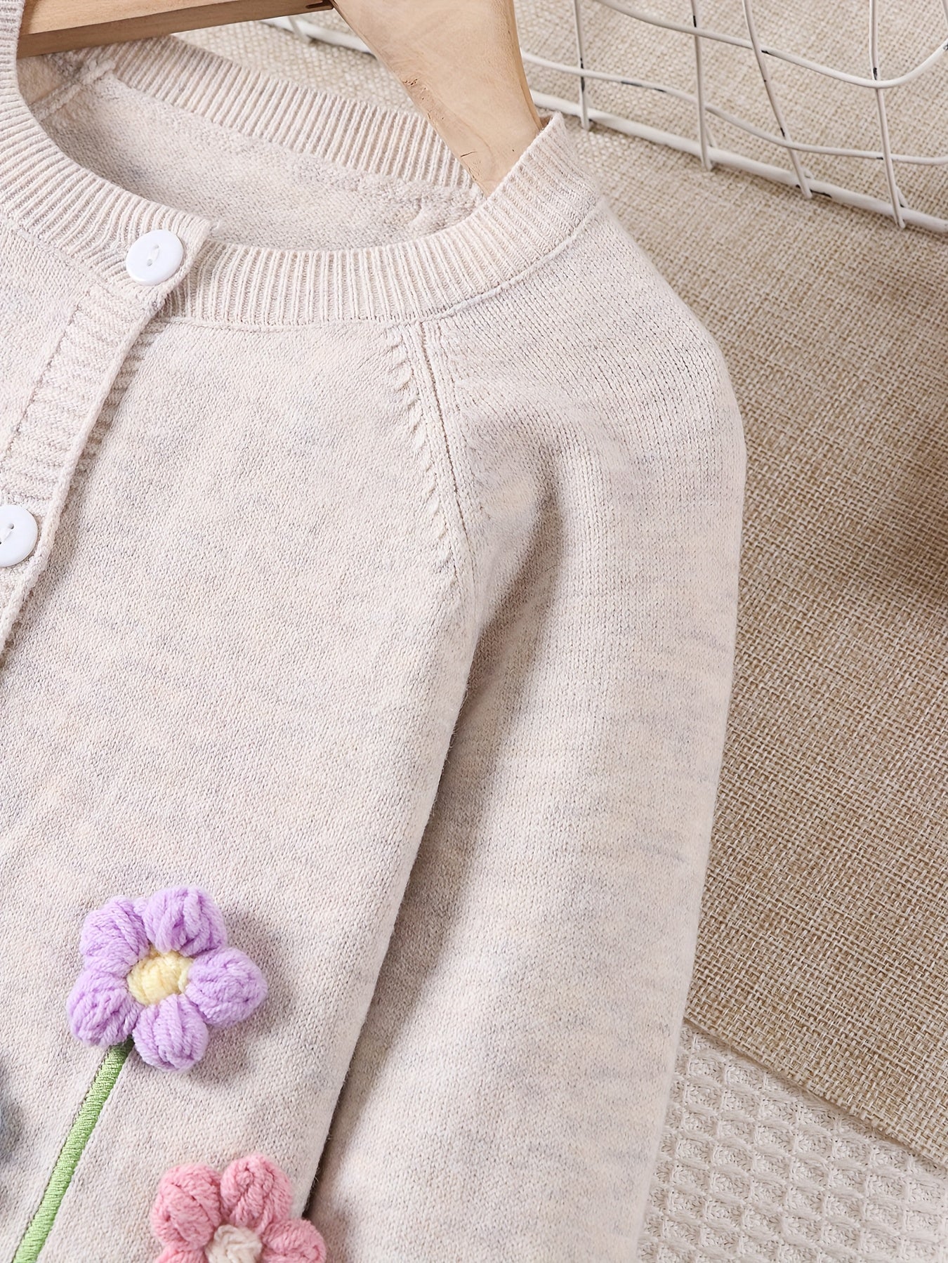Girls' Beige Cardigan Sweater with Collar & Flower Patches - Sweet Smock Dress Style Jacket, Soft Button-Front Closure for, Parties, - Cozy Fall Winter Outerwear (Pink/Yellow/Blue/Purple) - No-Sew Applique Design