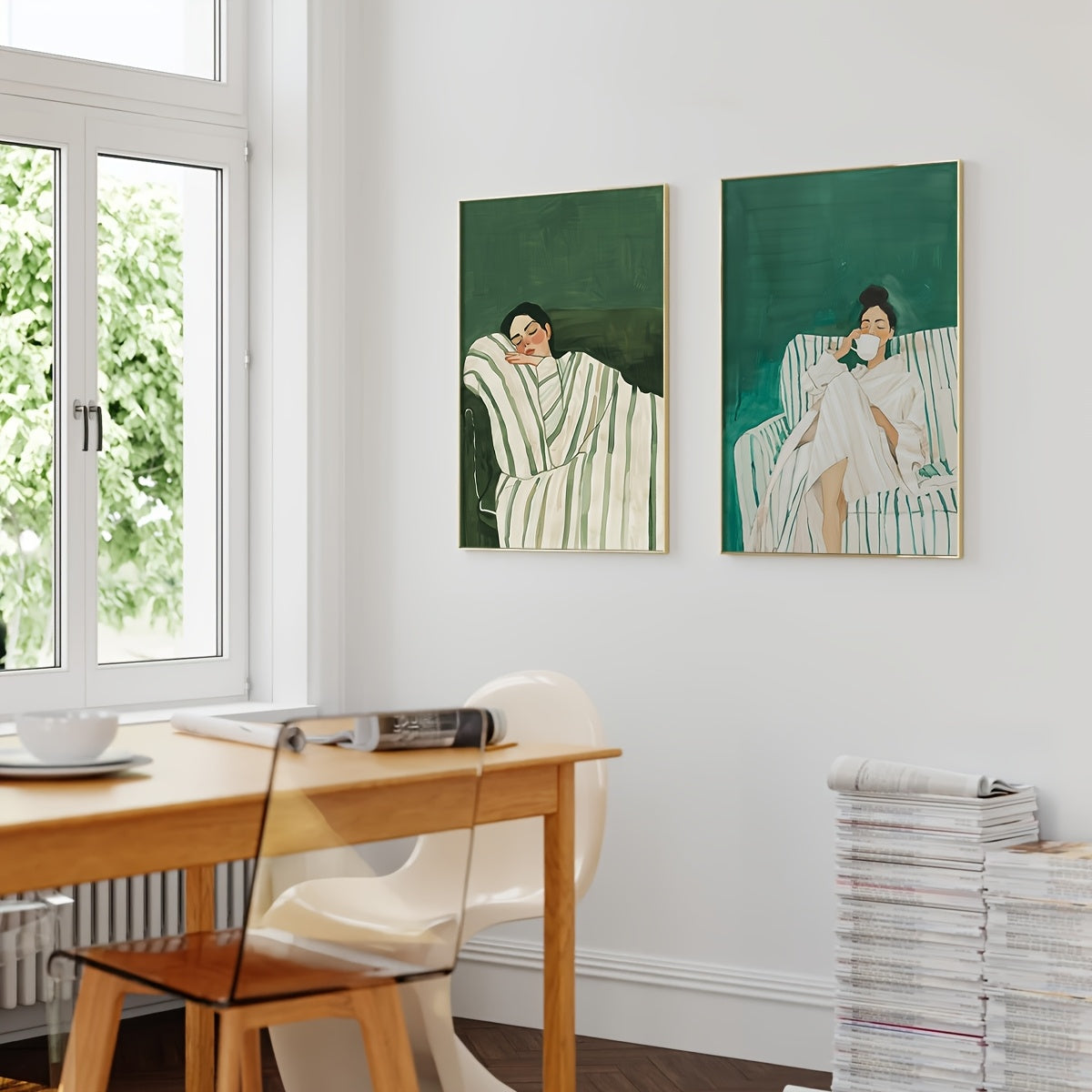A Set of 2 Abstract Character Wall Art Prints, Featuring a Jade Green Striped Woman Canvas Poster, Minimalist Large Art Wall Decor, Coffee Lover Prints, Spring Decorations for Living Rooms, Bedrooms, Cafes, Bars, Offices, Hal