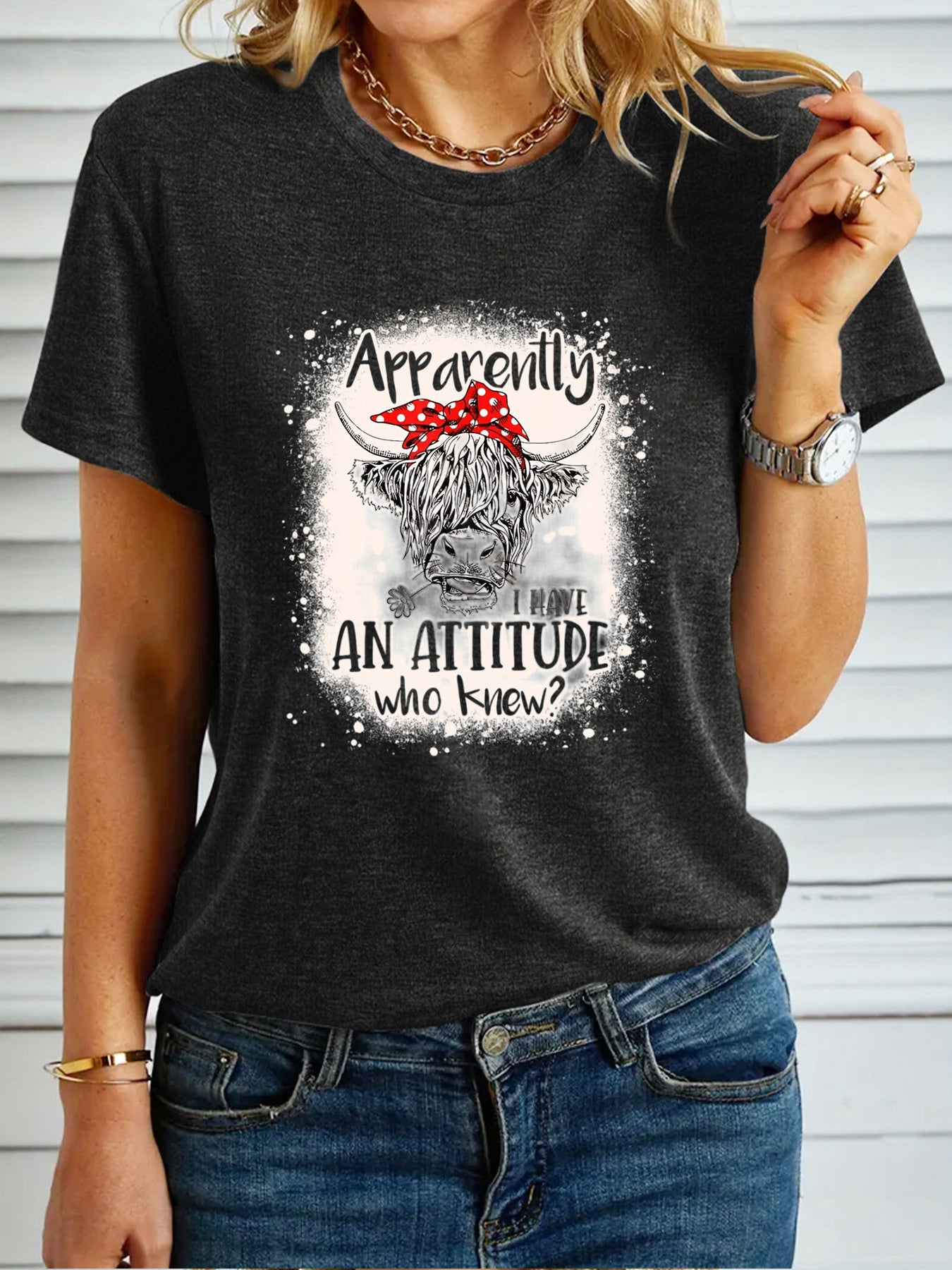 Women's Fashion T-shirt, "Apparently I Have An Attitude Who Knew" Highland Cow Pattern Casual Short Sleeve Top