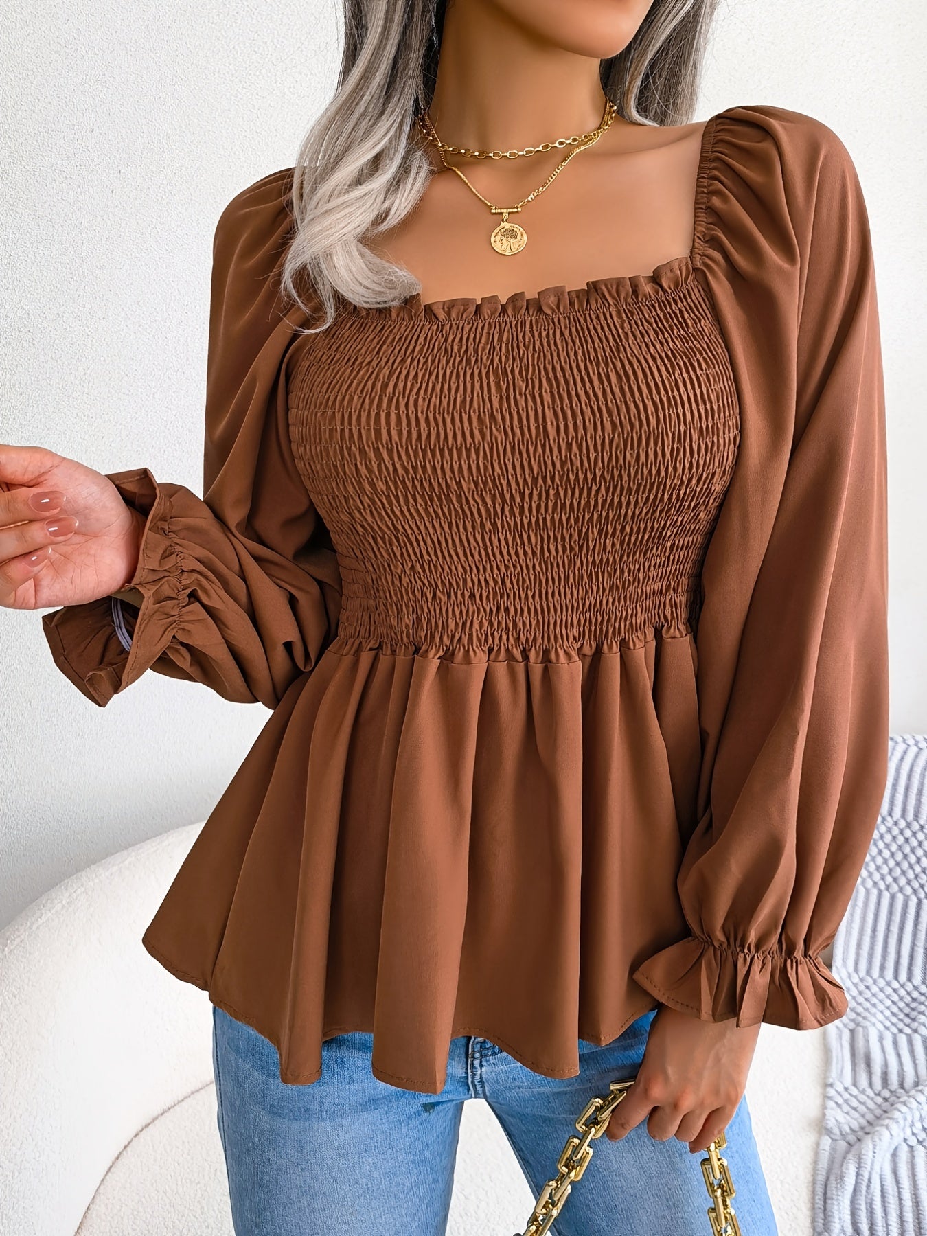 Shirred Lantern Sleeve Shirt, Casual Squared Neck Pleated Ruffle Trim Solid Shirt, Women's Clothing Wedding holiday vacation