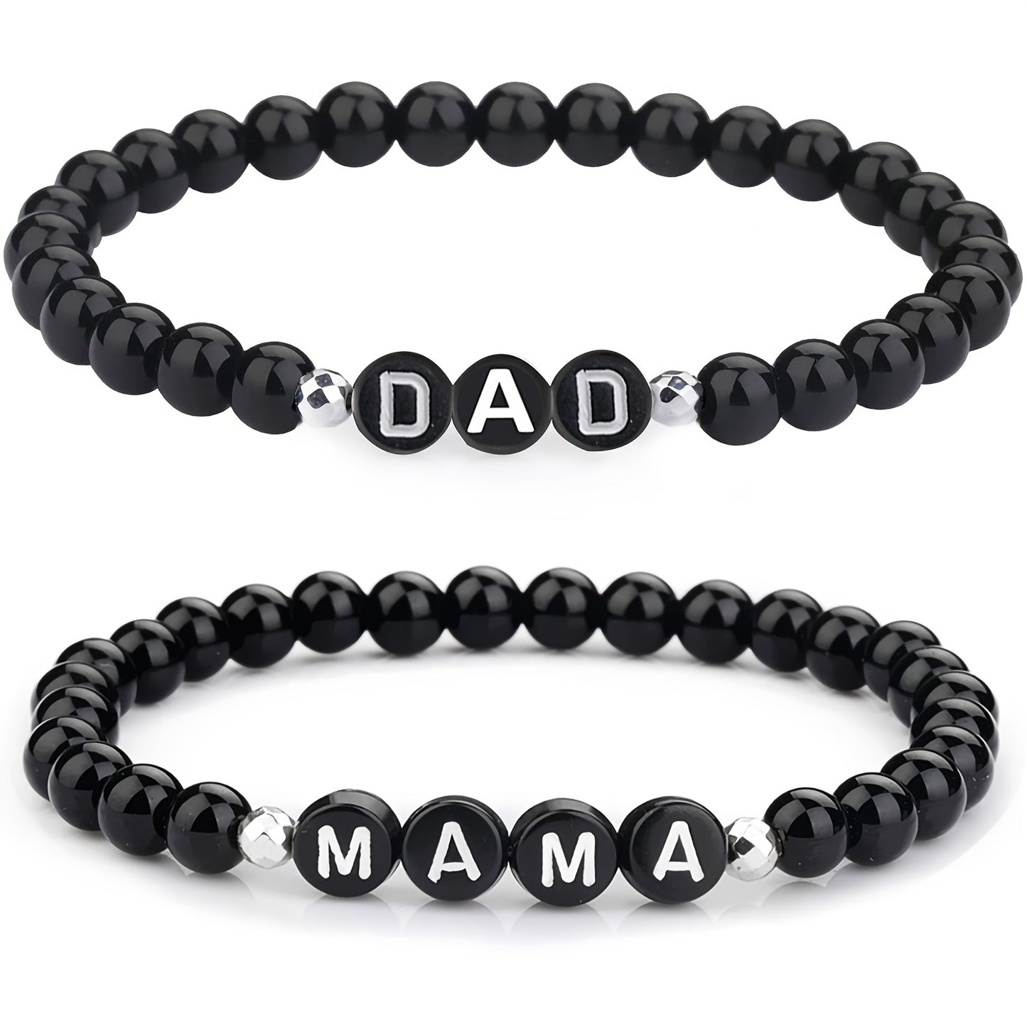 MAMA/ DAD Letter Beaded Bracelet Black Smooth Round Beads Stretch Father's Day/ Mother's Day Hand Jewelry Gift