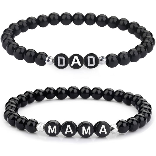 MAMA/ DAD Letter Beaded Bracelet Black Smooth Round Beads Stretch Father's Day/ Mother's Day Hand Jewelry Gift