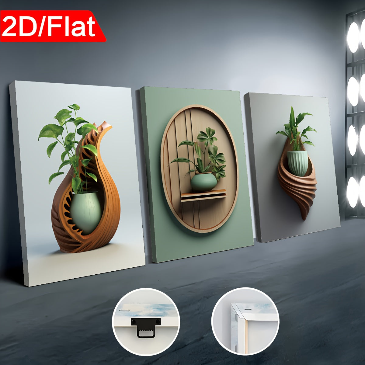 2D Flat Three 2D Printed Artworks with Frames, Including Canvas Paintings And Posters, Ready to Hang. They Feature a Modern Minimalist Style with Plant Vase Shapes, Creative Wood Carvings, And Serve As Home Decor, Wall Art, A