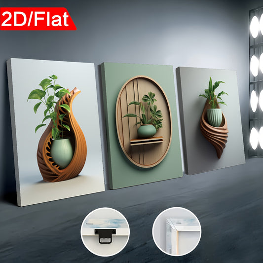 2D Flat Three 2D Printed Artworks with Frames, Including Canvas Paintings And Posters, Ready to Hang. They Feature a Modern Minimalist Style with Plant Vase Shapes, Creative Wood Carvings, And Serve As Home Decor, Wall Art, A