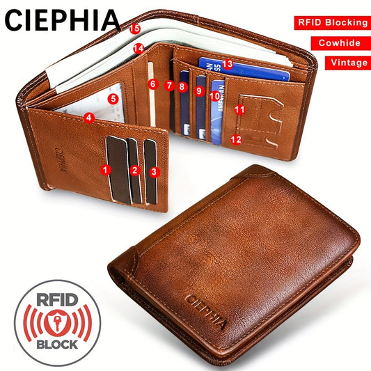 Genuine Leather Men's Wallet with Blessing Card Set, RFID Blocking, Ultra-Thin, Top-Grain Cowhide, Compact Multi-Function ID and Credit Card Holder, Christmas Valentine's Day Father's Day Gift