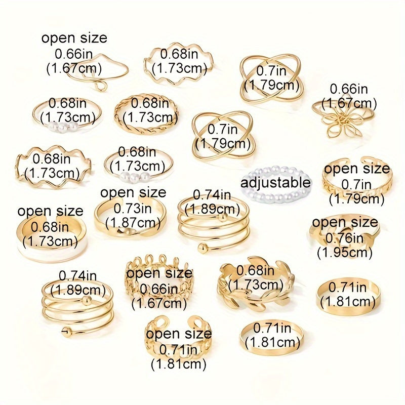 21pcs Chic Stacking Rings Trendy Leaf/ Flower/ Chain Design Mix And Match For Daily Outfits Party Accessories Gift For Your Family/ Friends
