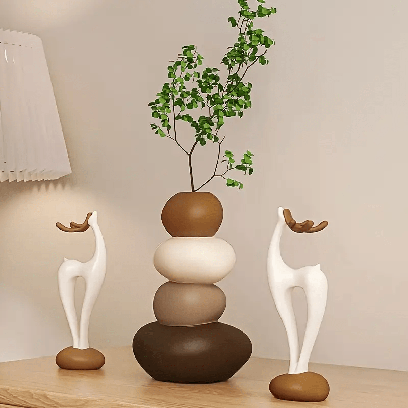 [Creative Stacked Stone Vase] 3pcs Creative Stacked Stone Vase and Deer Figurine Set | Resin Ornaments for Living Room, Bedroom, Office Desk, Bookshelf – Unique Christmas Gifts for Family & Friends