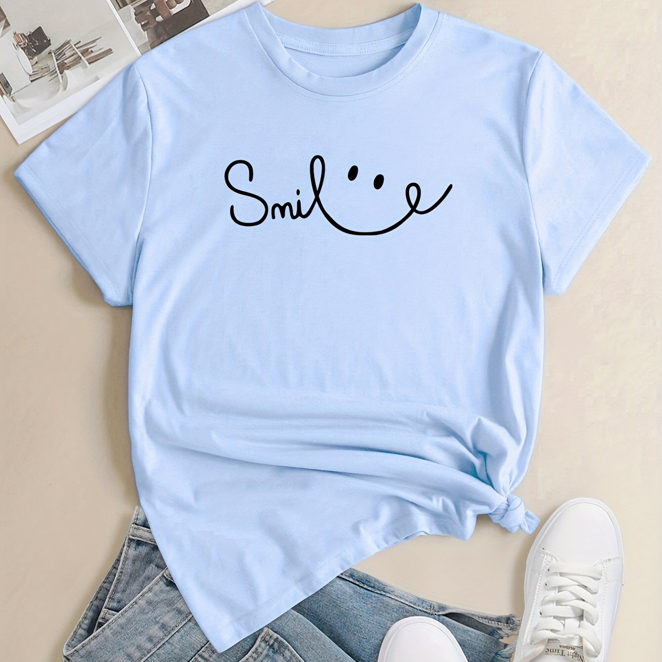 Plus Size Face Print Short Sleeve T-shirt, Women's Plus Slight Stretch Round Neck Casual Tee