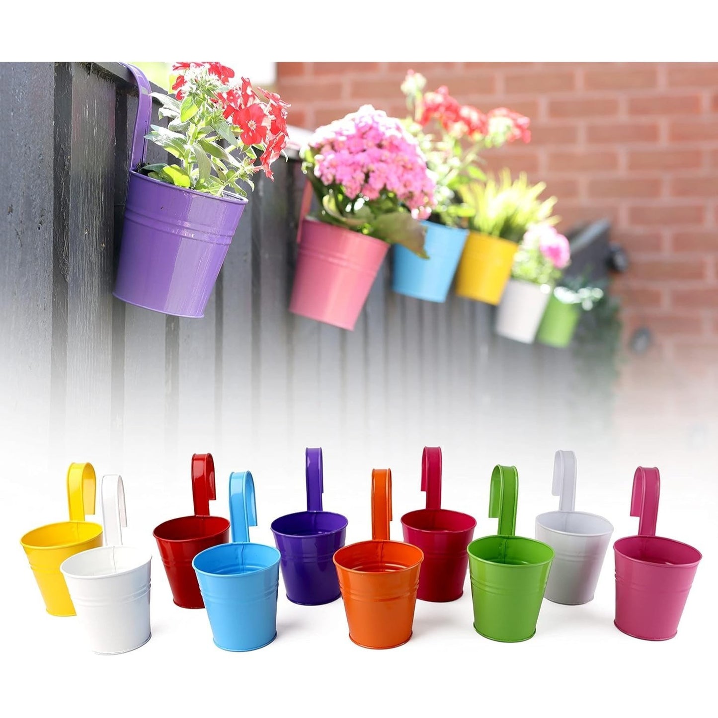 Hanging Plant Pots Large Metal Flower Pot Vase Bucket Fence Hanging Garden Planter With Drainage Hole For Balcony Home Decor (10pcs with Assorted 10 Colours)