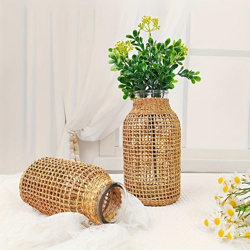 1pc Boho Glass Flower Vase With Rattan Cover, Farmhouse Flower Bud Vase, Round Decorative Flower Vase Floral Container Flower Bottle For Floral Arrangements Housewarming Party Home Decor