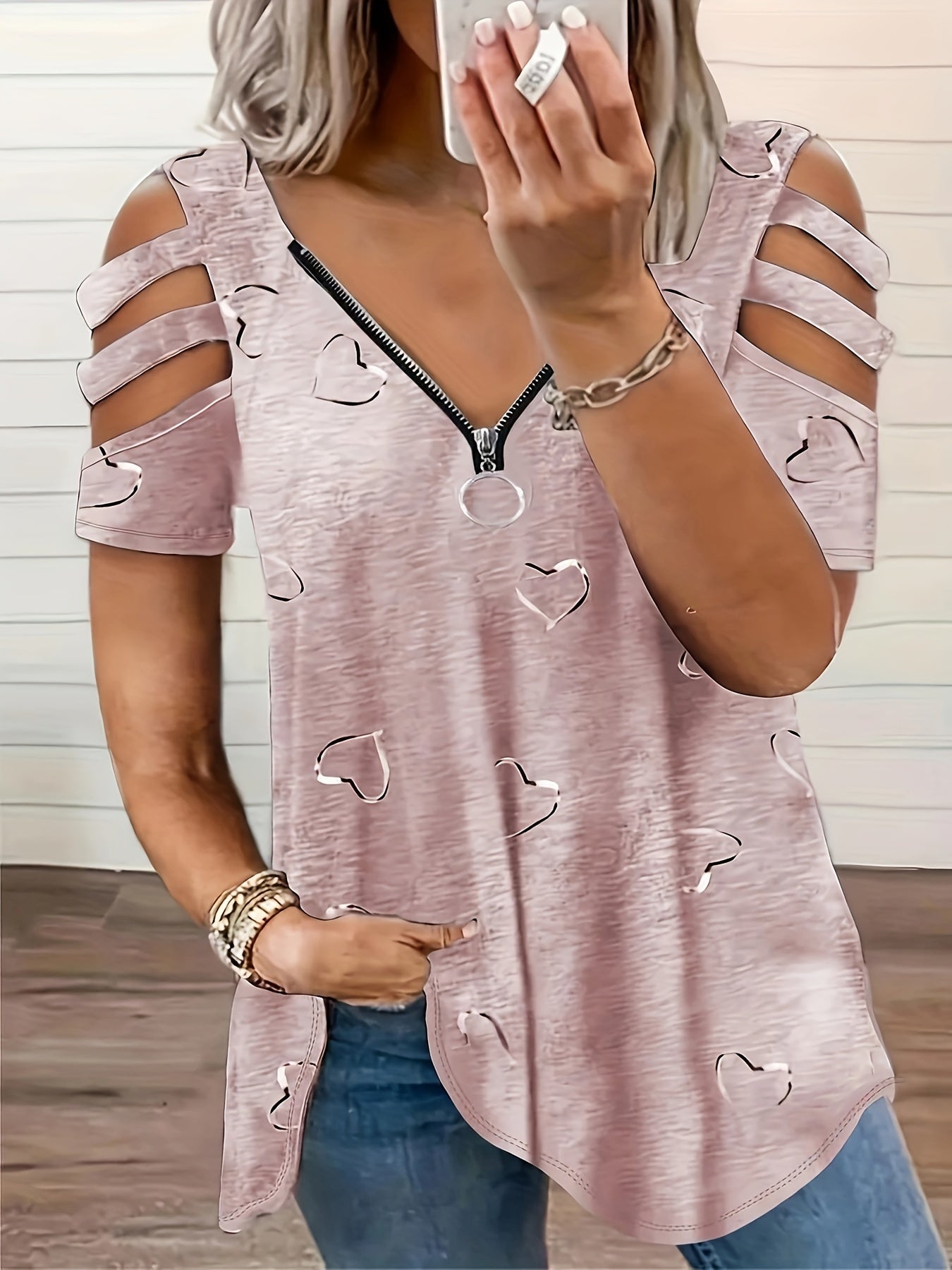 Heart Print Cut Out T-Shirt, Zipper V Neck Short Sleeve T-Shirt, Casual Every Day Tops, Women's Clothing