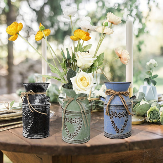 Rustic Vintage Galvanized Milk Can Vase with Heart Pattern and Handle - Distressed Farmhouse Decor for Centerpieces and Tablescapes - Black, Blue, and Green Colors Available - Perfect for Adding a Touch of Country Charm to An