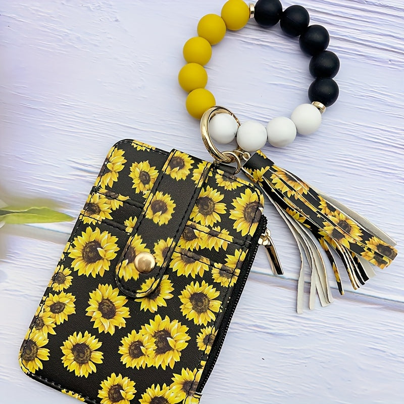 1pc Stylish Leopard Sun Flower Cow Pattern Silicone Bangle - Western Cowboy Bag Bead Keychain, Ladies Wallet Card Holder, Fashionable Key Ring with Unique Design and Colorful Pattern