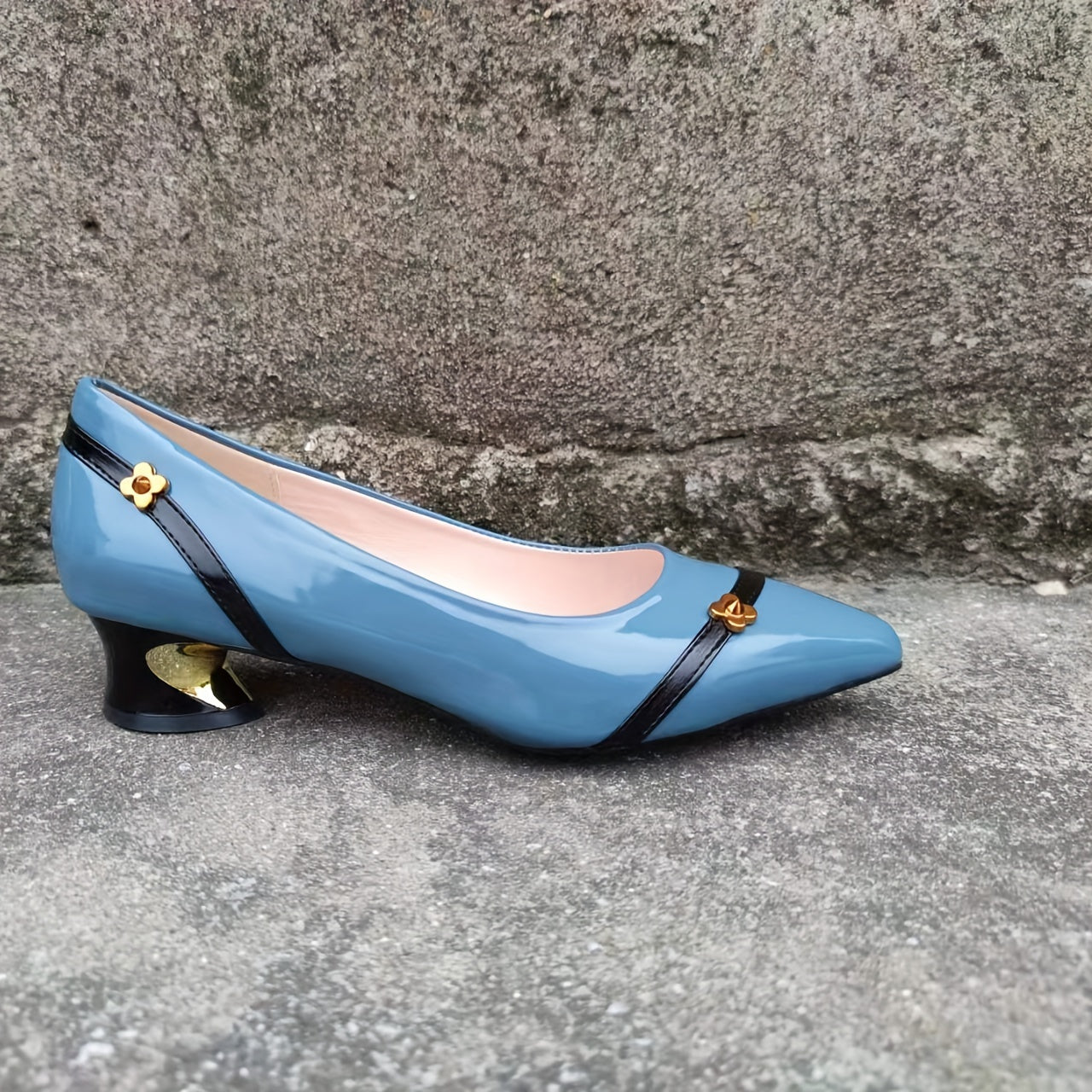 Women's Pointed Toe Block Mid Heels, Flower Decor Slip On French Heel Shoes, Versatile Heels