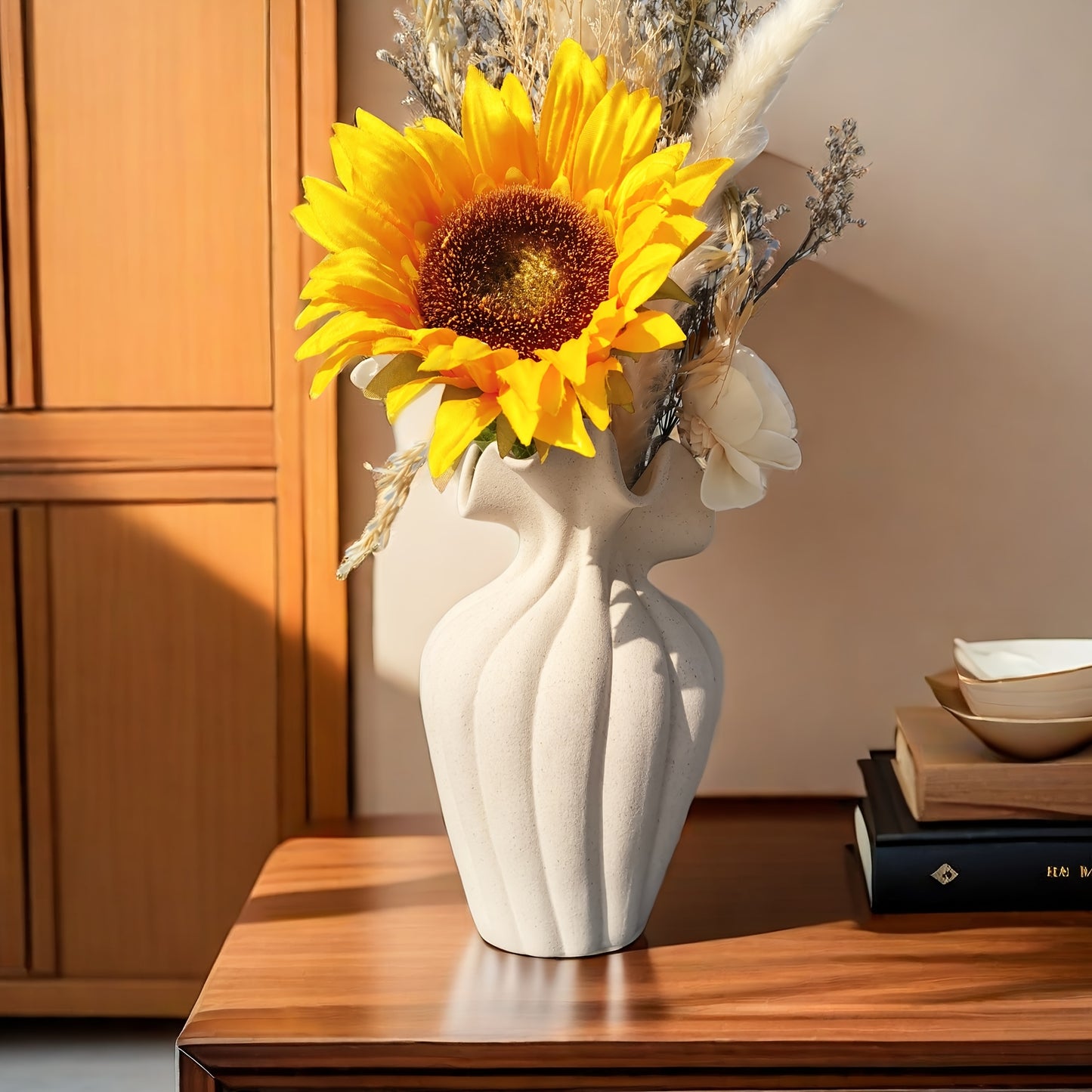 Elegant 20cm Striped Ceramic Vase with Skirt Element Design - Modern Art Style, Perfect for Fresh and Hydroponic Flowers, International Style, Flower Arrangement | Elegant Decor | Striped Texture, Vases Home Decor