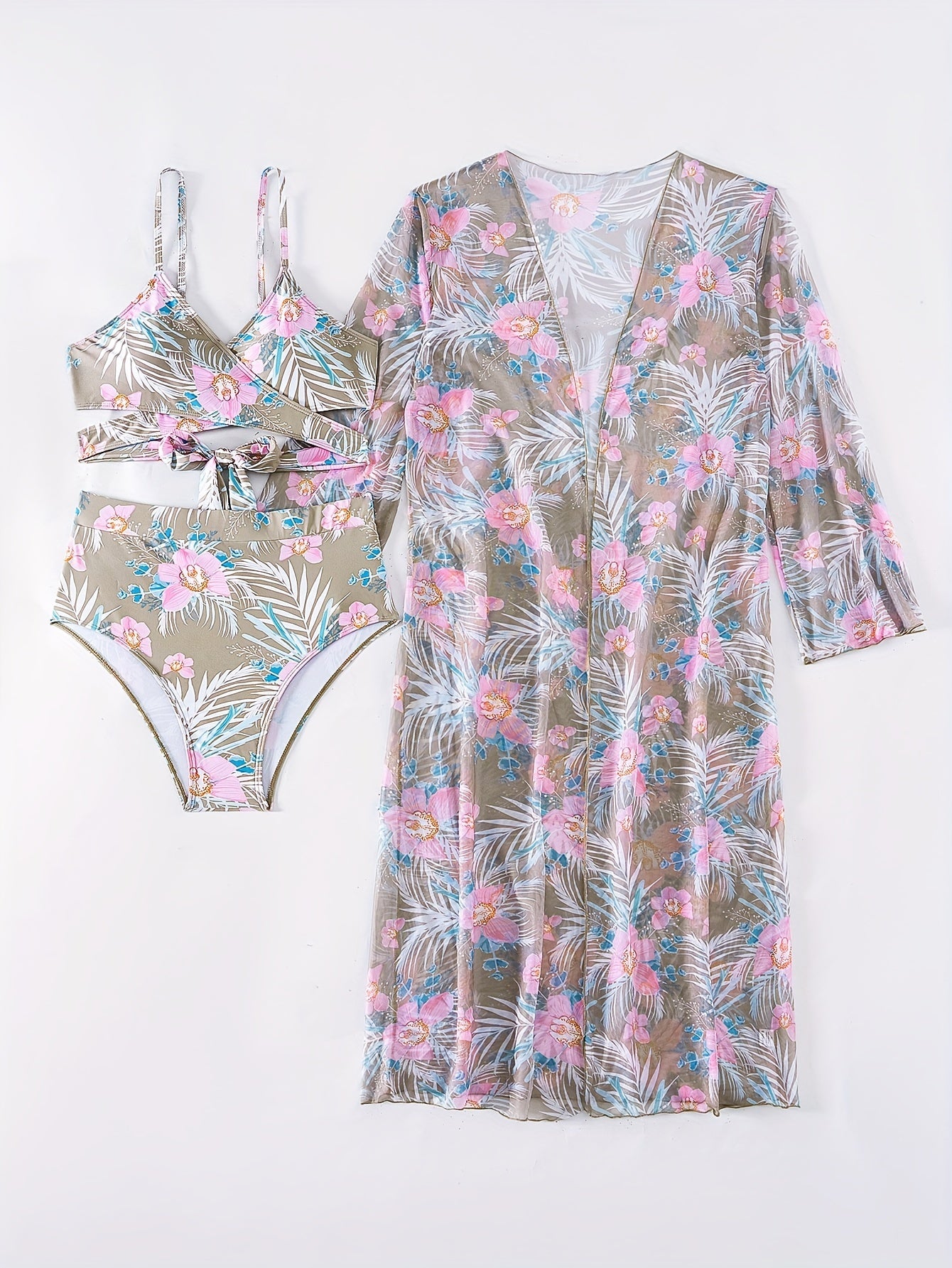 3 Piece Set Stretchy Floral Print Long Sleeve V Neck Tie Back Swimsuits - High Stretch Polyester Bikini Set with Kimono Cover Up - Perfect for Swimming and Beach Activities