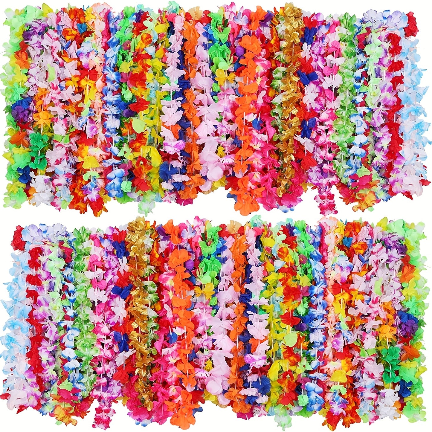 50pcs Hawaiian Flower Lei Necklaces - Polyester Tropical Luau Party Favors for Weddings, Birthdays, Graduations, Bridal Showers - Versatile Carnival Theme Decorations for Christmas, Halloween, Summer - No Feathers, Electricit