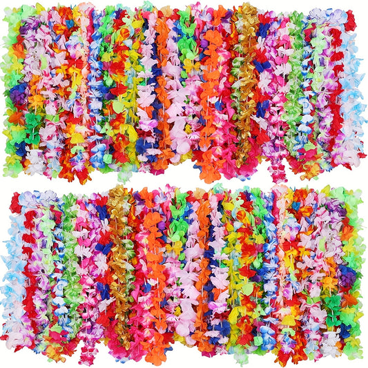 50pcs Hawaiian Flower Lei Necklaces - Polyester Tropical Luau Party Favors for Weddings, Birthdays, Graduations, Bridal Showers - Versatile Carnival Theme Decorations for Christmas, Halloween, Summer - No Feathers, Electricit