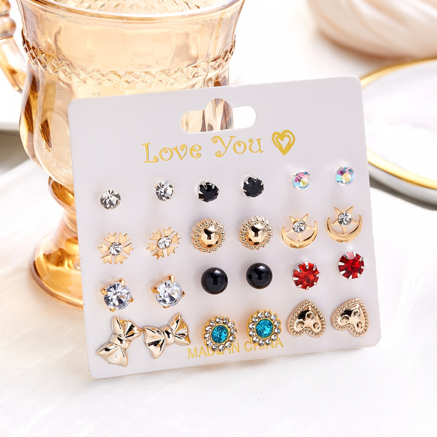 12Pairs/Set Flower Faux Pearl Heart Strawberry Stud Earrings Set, Simple Golden Earrings For Girls, Daily Week Earrings Set, Ideal choice for Gifts