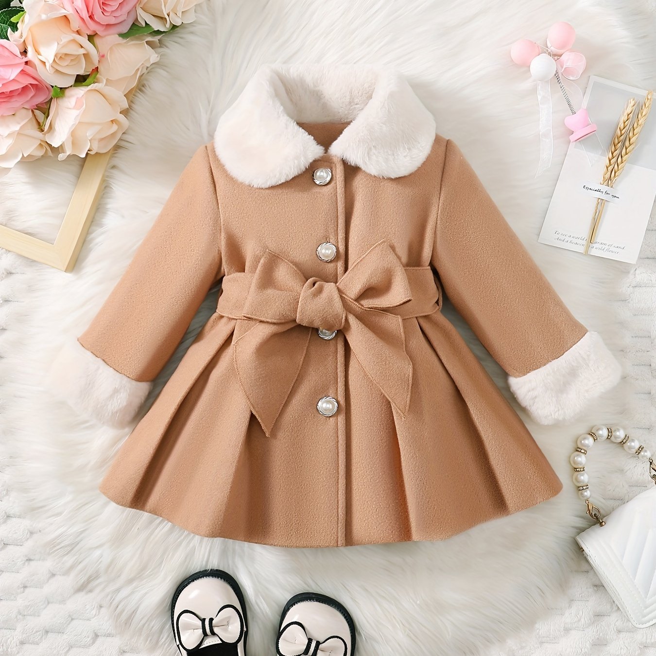 Fashionable And Versatile Coat for Baby Girls in Autumn And Winter, a Perfect Mother'S Day Gift. Adorable Plush Coat with a Bow And Collar, Designed for a Sweet Princess Look. Soft And Comfortable Outerwear to Keep Baby Warm