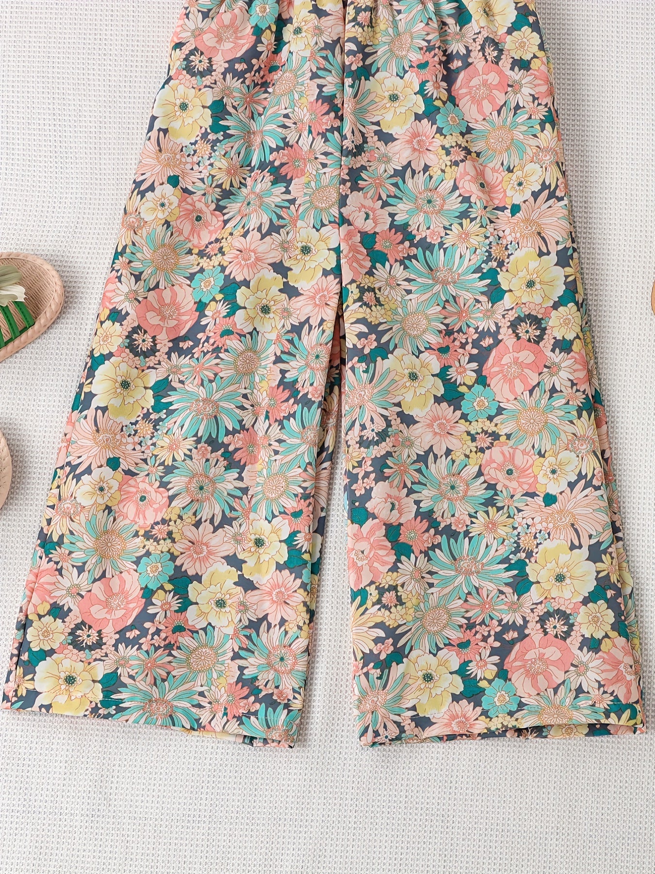 [Boho Flower Jumpsuit] Boho Flower Print Girls Shirred Cami Jumpsuit | For Going Out Party Holiday Kids Summer Clothes