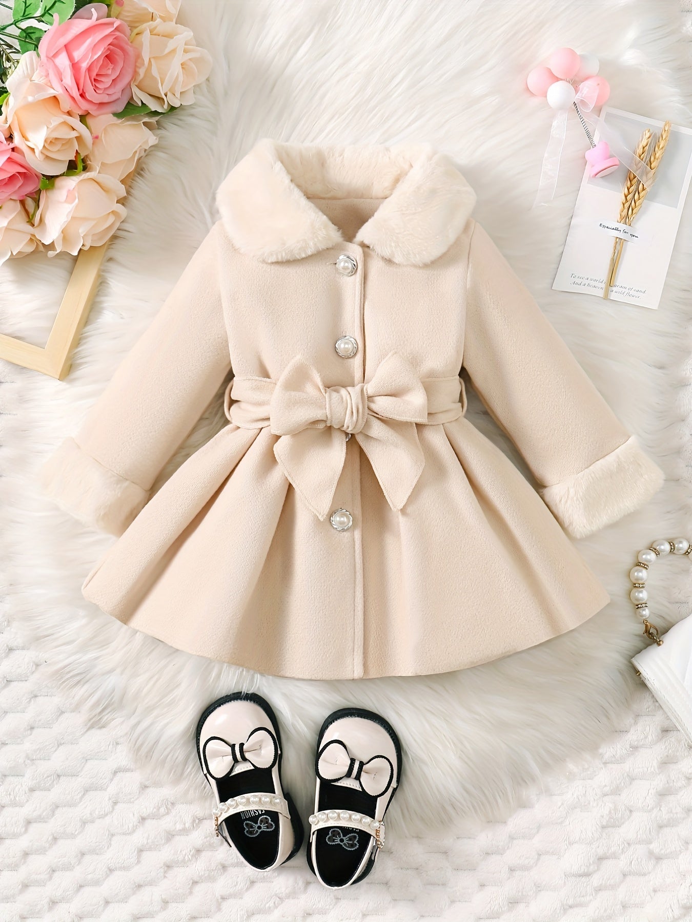 Fashionable And Versatile Coat for Baby Girls in Autumn And Winter, a Perfect Mother'S Day Gift. Adorable Plush Coat with a Bow And Collar, Designed for a Sweet Princess Look. Soft And Comfortable Outerwear to Keep Baby Warm