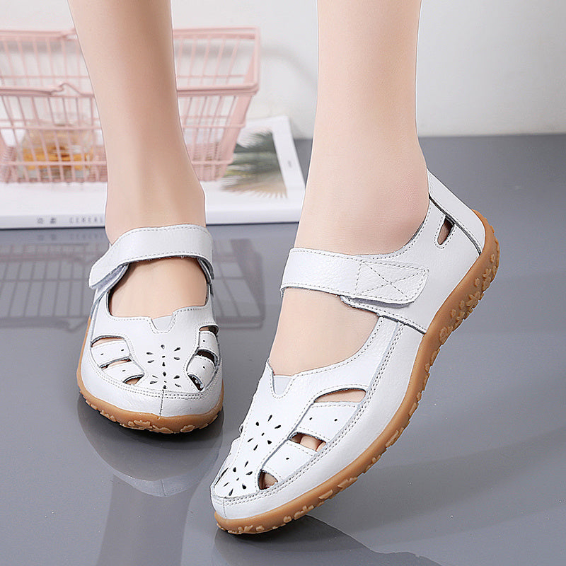 Soft Sole Women's Cut-out Flat Sandals, Non Slip Closed Toe Casual Walking Shoes with Hook & Loop