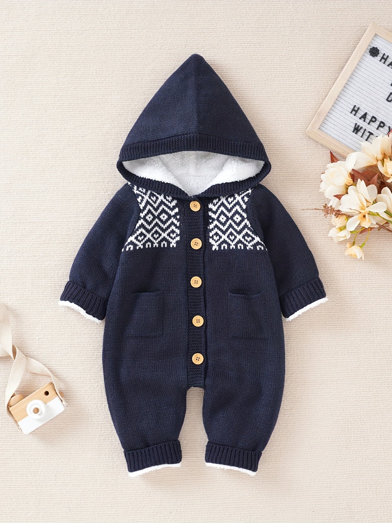 [Knit | Jumpsuit] Long Sleeve Hooded Newborn Boys And Girls Knitted Jumpsuit With Pants