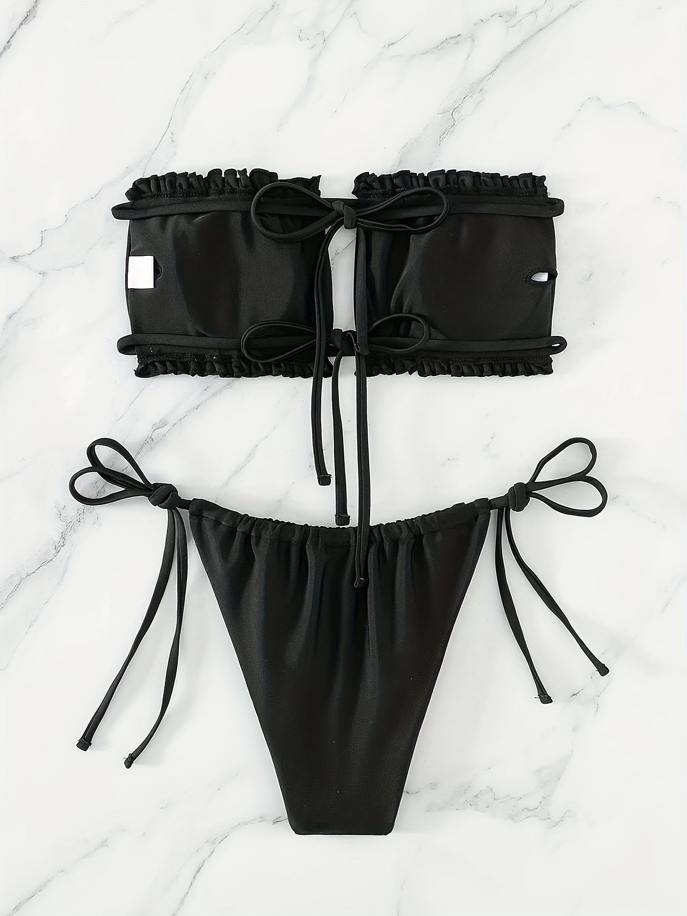 Ruched Bra Top Double Drawstring Bandeau Tie Side High Cut Two Piece Bikini Swimsuit, Women's Swimwear