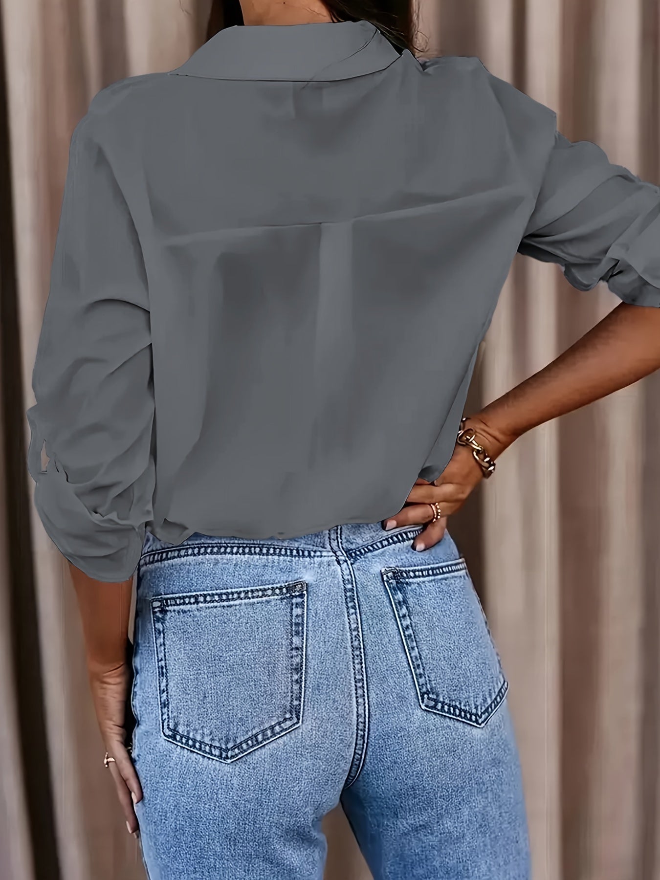 Solid Button Front Shirt, Casual Turn Down Collar Office Work Shirt, Women's Clothing