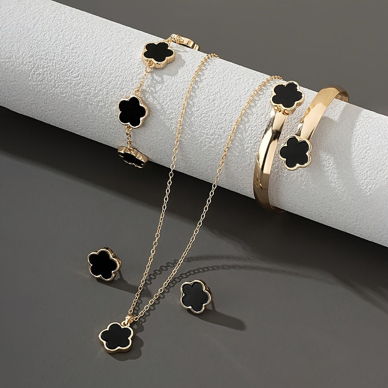 Clover Flower Jewelry Set, Elegant Sexy Style, Includes Clover Bracelet, Bangle, Stud Earrings, And Necklace Delicate Female Jewelry Set