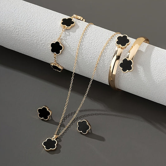 Clover Flower Jewelry Set, Elegant Sexy Style, Includes Clover Bracelet, Bangle, Stud Earrings, And Necklace Delicate Female Jewelry Set