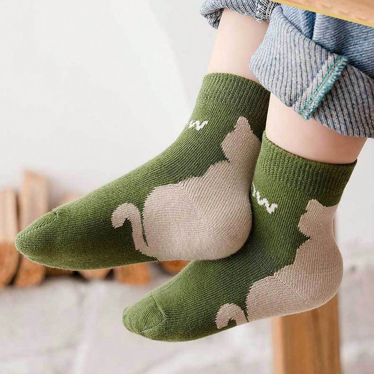 5 Pairs of Four Seasons Baby Socks Spring And Autumn Cartoon Kitten Winter Medium Tube Socks Boys Girls Socks