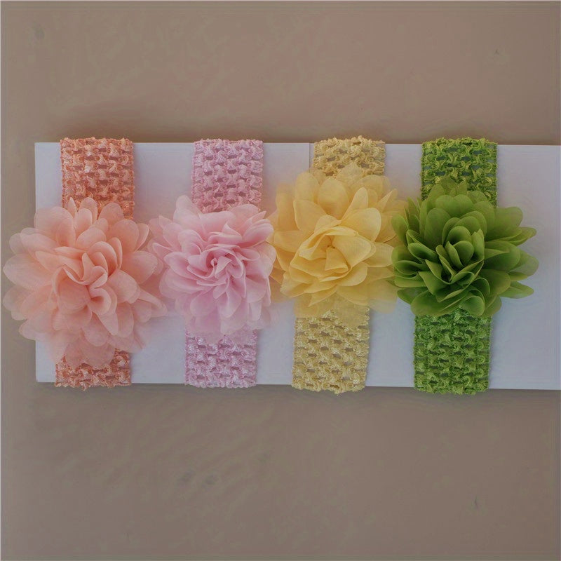 4pcs Cute Chiffon Flower Knit Headband, Soft Comfortable Breathable Elastic Headband, Decorative Hair Accessories Photography Props For Baby Girls