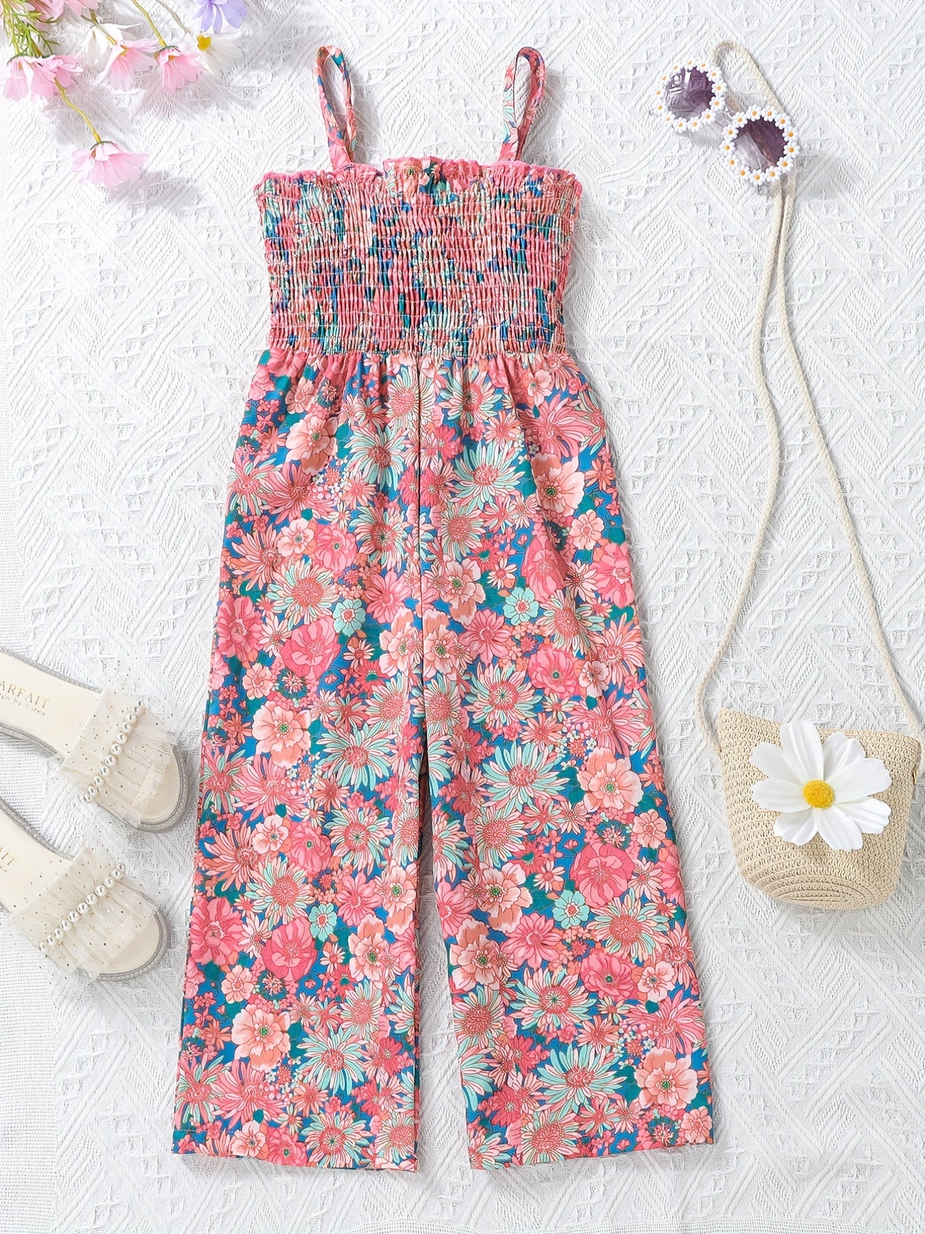 [Boho Flower Jumpsuit] Boho Flower Print Girls Shirred Cami Jumpsuit | For Going Out Party Holiday Kids Summer Clothes