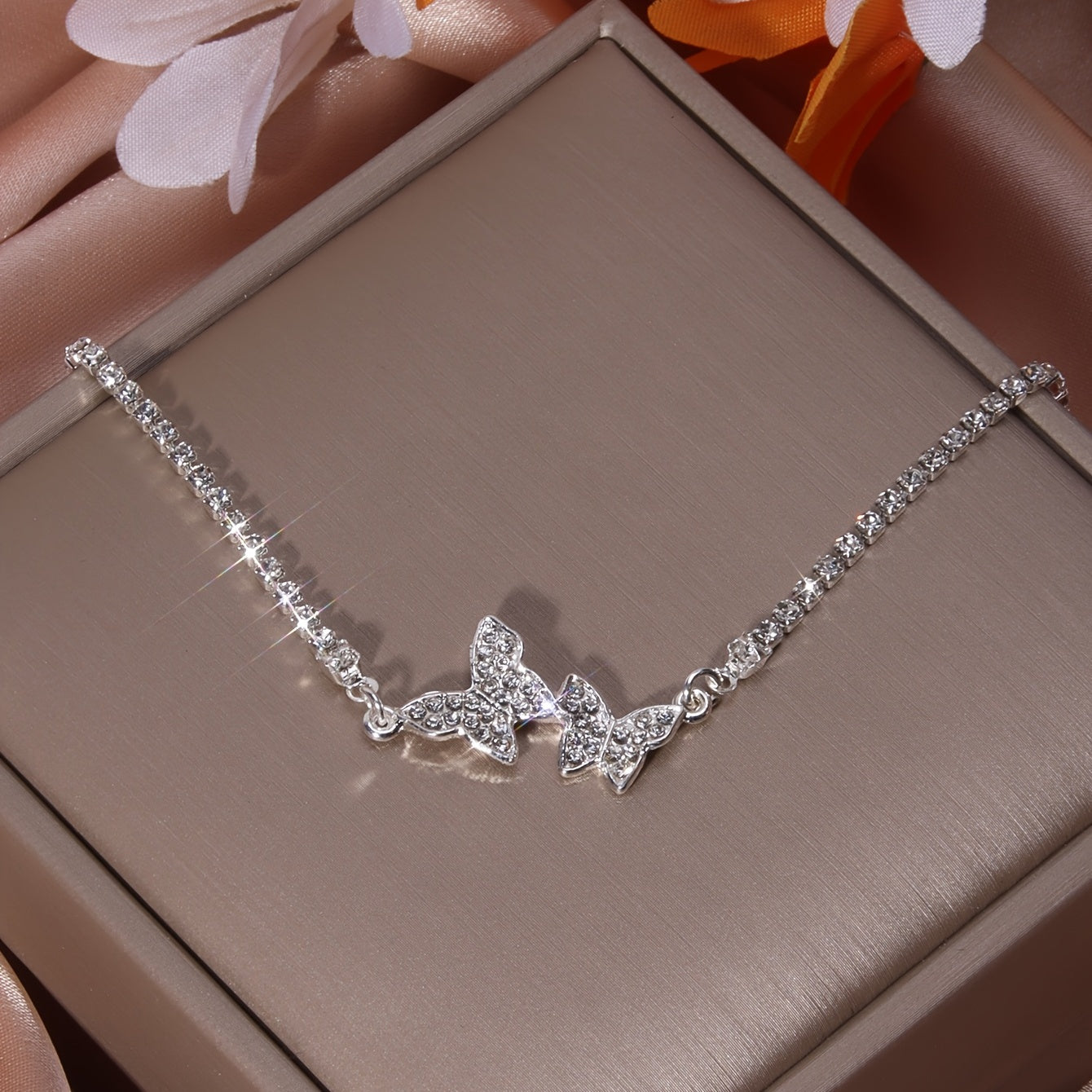 Silvery Bracelet With Butterfly Charm And Full Of Zircons, 1 Piece
